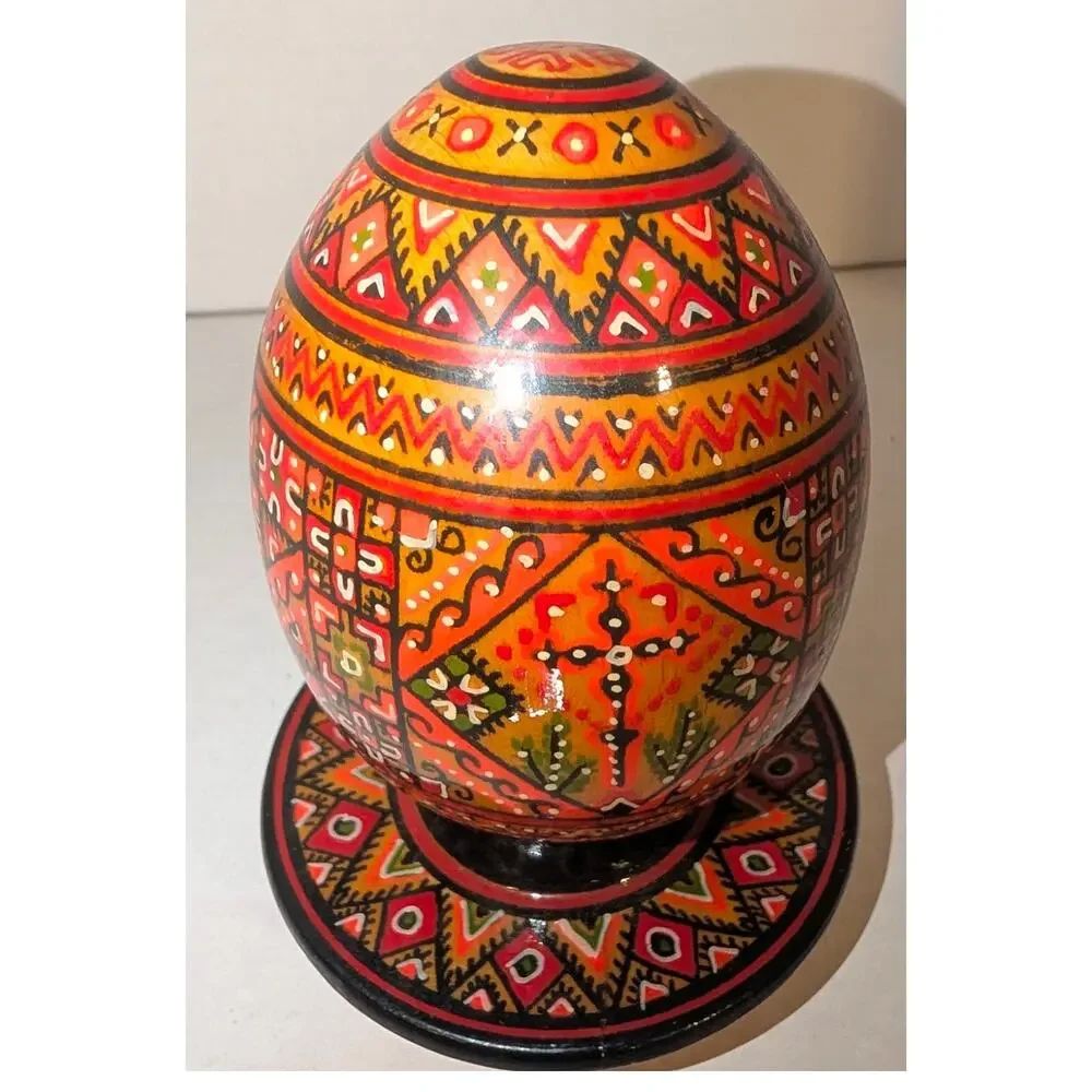 Vintage Ukrainian USSR Hand Painted Wooden Folk Art Egg Stand Pysanka